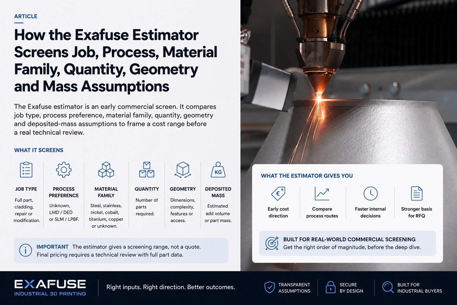 Estimator visual for early LMD, repair and cladding cost-screening assumptions