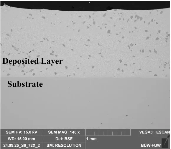 SEM cross section showing an LMD coating layer over a metallic substrate