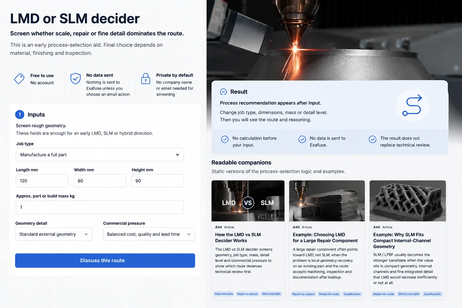 Visual decision support for LMD, SLM and hybrid additive route selection